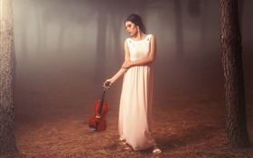森、バイオリン、気分の白いドレスの女の子 HDの壁紙
