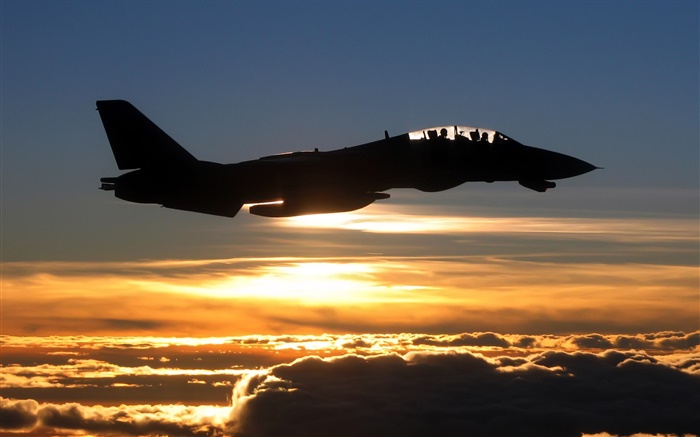 夕焼け、戦闘機、雲、空で飛行機 壁紙 ピクチャー