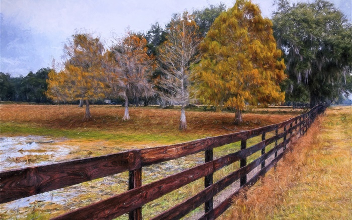 秋の絵画、木、フェンス 壁紙 ピクチャー