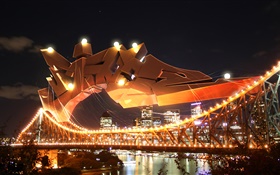 市の夜の橋、ライト、川 HDの壁紙