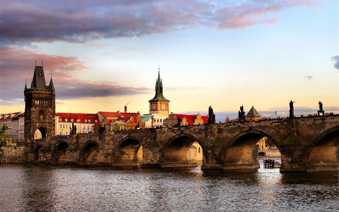 チェコ共和国、プラハ、市、ブリッジ、川、家 壁紙 ピクチャー
