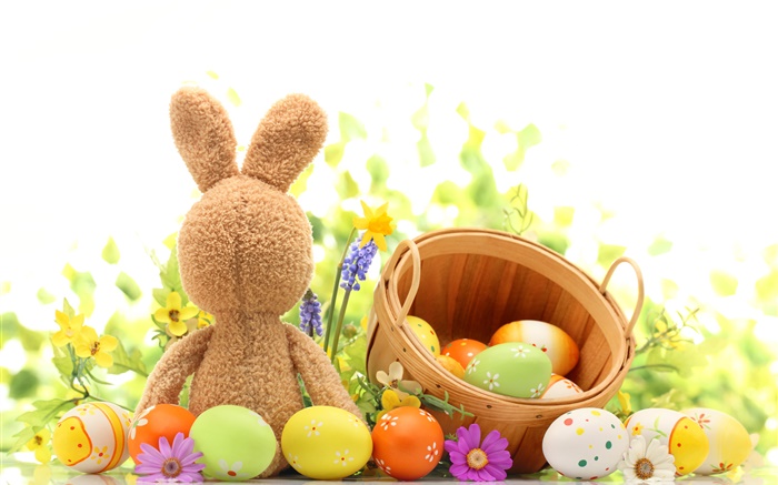 ハッピーイースター、カラフルな卵、装飾、チューリップ、ウサギのおもちゃ 壁紙 ピクチャー