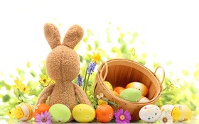 ハッピーイースター、カラフルな卵、装飾、チューリップ、ウサギのおもちゃ HDの壁紙