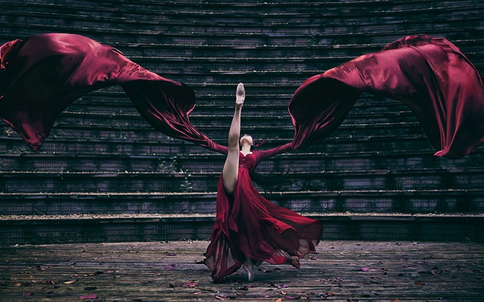 赤いドレスの女の子のダンス、階段 壁紙 ピクチャー