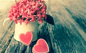赤い花、花束、キャンディ、愛の心、バレンタインデー HDの壁紙