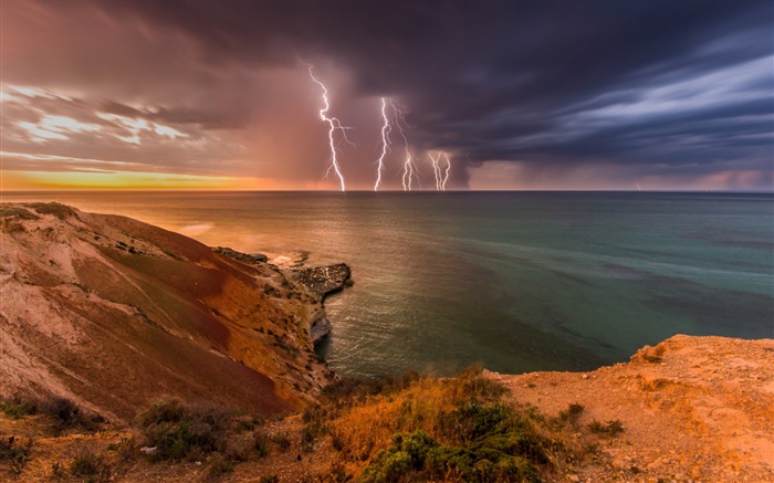 南オーストラリア州、嵐、雲、雷、海、海岸 壁紙 ピクチャー