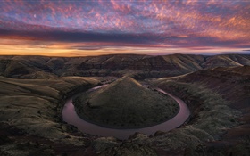 アメリカ、峡谷、川、丘、岩、雲、夜明け HDの壁紙
