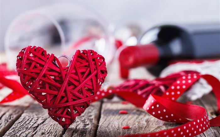 バレンタインデー、赤い愛のハート、ワイン、ロマンチック 壁紙 ピクチャー