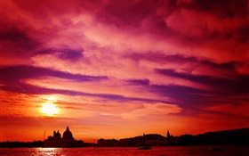 ヴェネツィア、イタリア、川、日没、赤い空 HDの壁紙