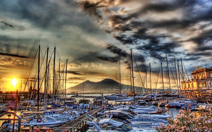 ヨット、ボート、桟橋、雲、夕日、イタリア、ナポリ 壁紙 ピクチャー