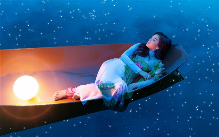 夜のボートでのアジアの女の子の睡眠 壁紙 ピクチャー