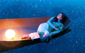 夜のボートでのアジアの女の子の睡眠