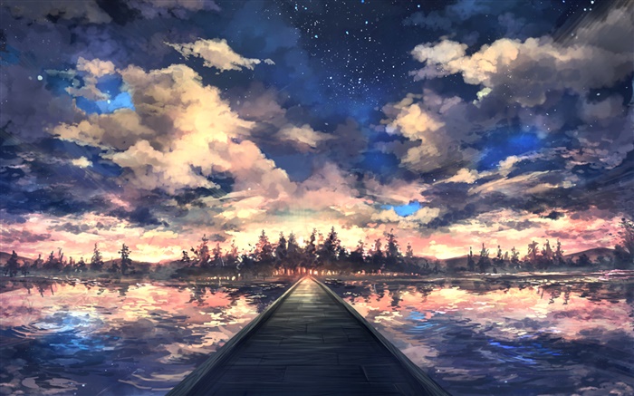 橋、川、木、空、雲、夕日、アートの描画 壁紙 ピクチャー