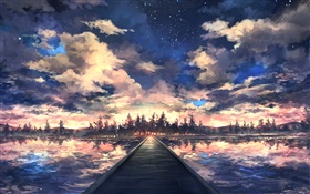 橋、川、木、空、雲、夕日、アートの描画 HDの壁紙