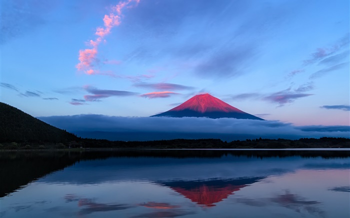 日本、夜、湖、水の反射で富士の山 壁紙 ピクチャー