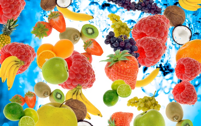 多くの種類の果物、ラズベリー、バナナ、キウイ、イチゴ、レモン、リンゴ 壁紙 ピクチャー