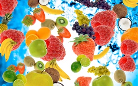 多くの種類の果物、ラズベリー、バナナ、キウイ、イチゴ、レモン、リンゴ HDの壁紙