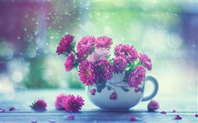 ピンクの花、カップ、雨