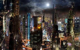 将来の都市、高層ビル、建物、道路、夜、SFのクリエイティブなデザイン HDの壁紙