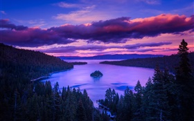 自然、夜明け、湖、山々、島、木々、雲