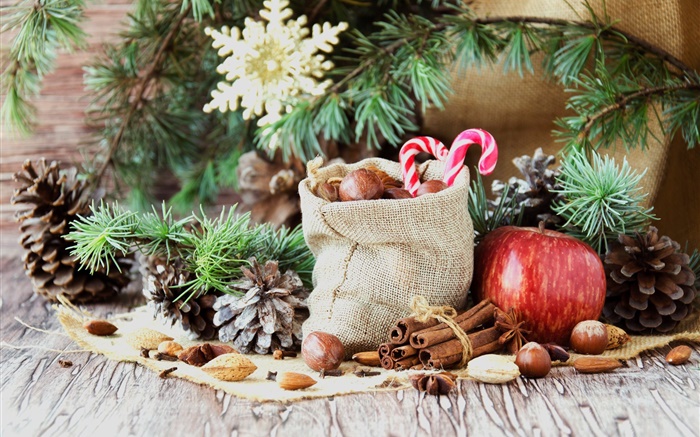 メリークリスマス、バッグ、キャンディ、リンゴ、ナッツ 壁紙 ピクチャー