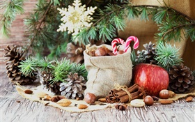 メリークリスマス、バッグ、キャンディ、リンゴ、ナッツ HDの壁紙