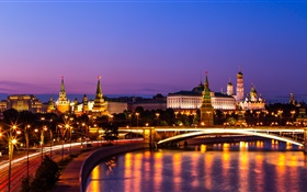 クレムリン、ロシア、モスクワ、夜市、川、ライト