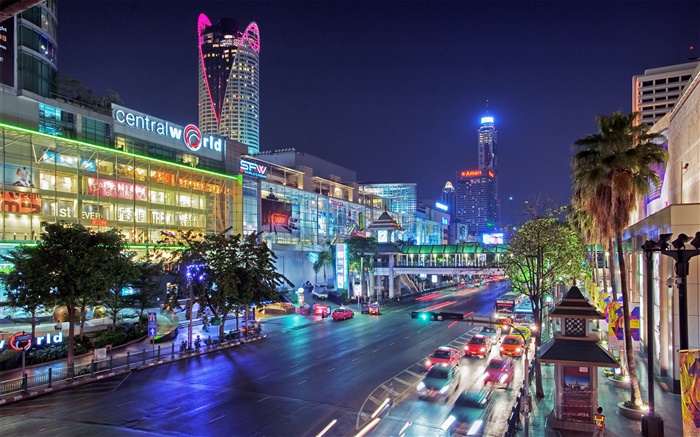 バンコク、タイ、都市の夜、道路、家、ライト 壁紙 ピクチャー