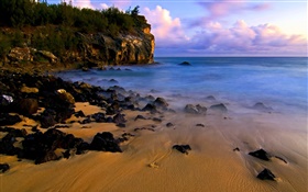ビーチ、海岸、石、夕日、海 HDの壁紙