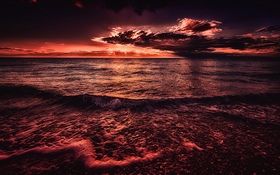 海、夕日、夕方、赤いスタイル HDの壁紙
