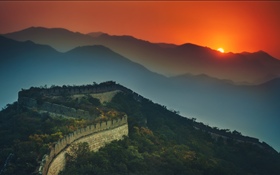 万里の長城、山、夕日、夕暮れ HDの壁紙