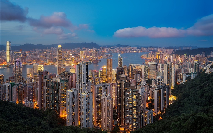 香港、夜、高層ビル、ライト 壁紙 ピクチャー