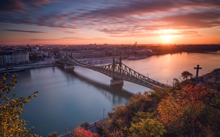 ブダペスト、ハンガリー、川、橋、日没 壁紙 ピクチャー