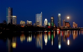オースティン、アメリカ、街の夜、高層ビル、ライト、川、月 HDの壁紙