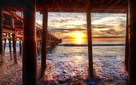 ビーチ、海、桟橋、日没、カリフォルニア州、アメリカ HDの壁紙
