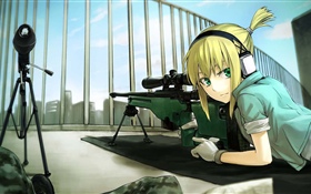 金髪アニメ少女、緑色の目、狙撃兵 HDの壁紙
