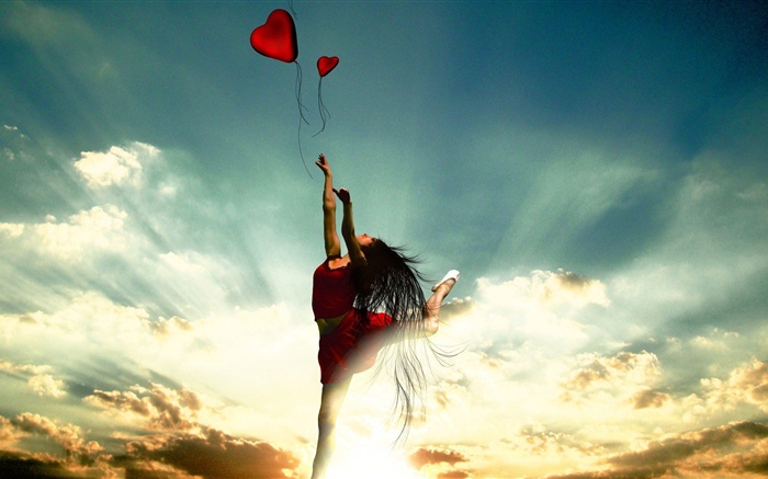 ダンスの女の子、赤いスカート、愛の心、雲、太陽光線 壁紙 ピクチャー