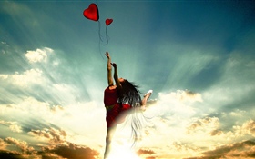 ダンスの女の子、赤いスカート、愛の心、雲、太陽光線 HDの壁紙