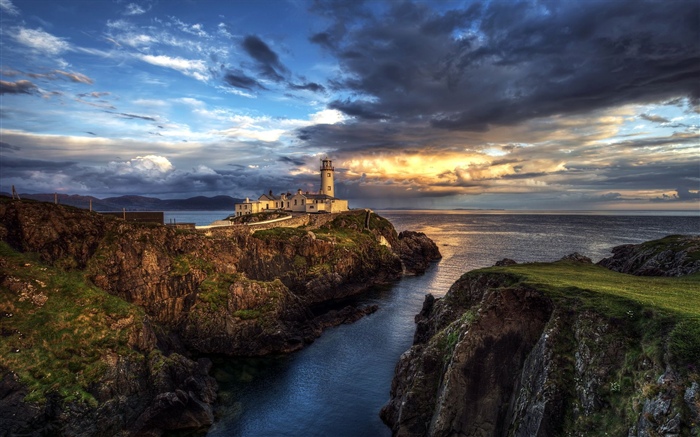 アイルランド、灯台、海、岩、日没 壁紙 ピクチャー