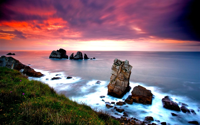 自然の風景、海、岩、夕日 壁紙 ピクチャー