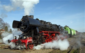 古い電車、煙、蒸気
