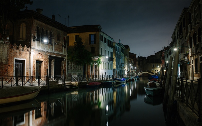 ヴェネツィア、イタリア、川、家、橋、夜 壁紙 ピクチャー