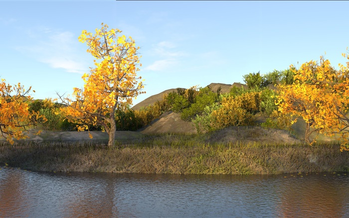 秋、池、木、黄色の葉 壁紙 ピクチャー