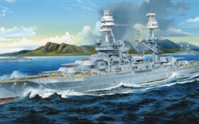 戦艦、海、絵画 HDの壁紙