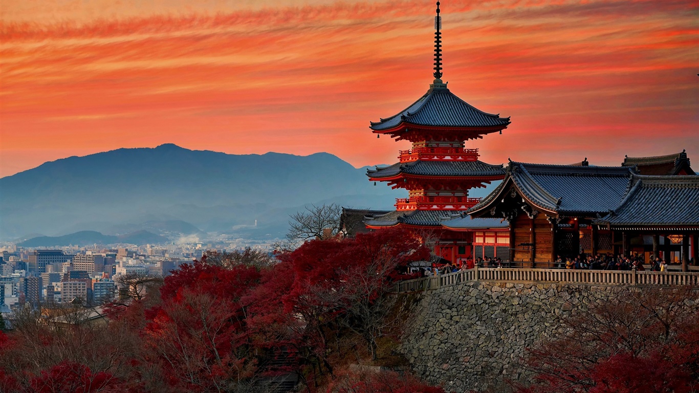 日本、京都、寺院、秋、夕暮れ 1366x768 壁紙 背景画像