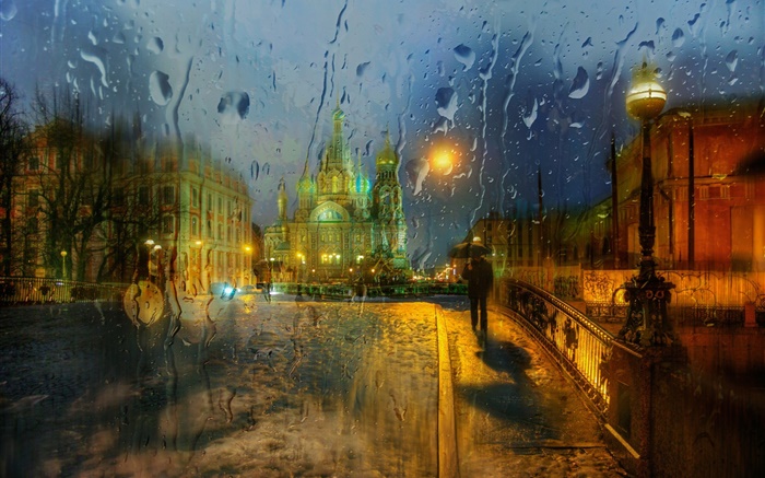 サンクトペテルブルク、ガラス、水滴、雨、夜、都市 壁紙 ピクチャー